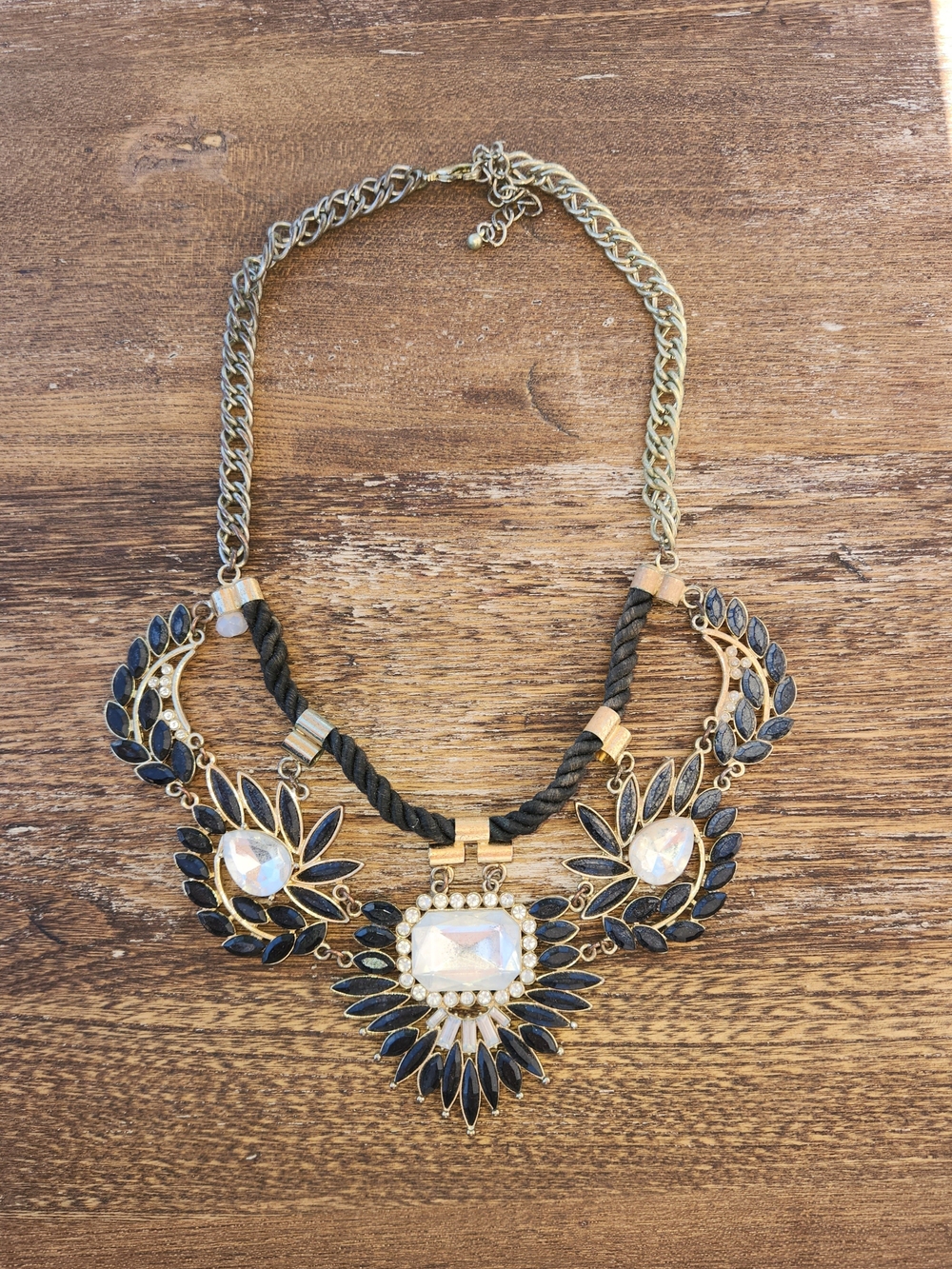 Vintage Gold-Tone Statement Necklace with Black and Iridescent Stones